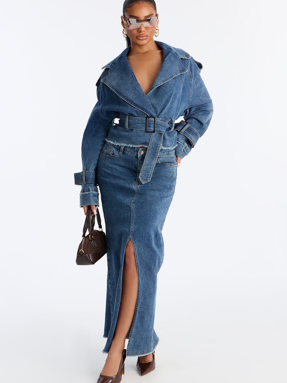 New Denim Wrap Belted Maxi Skirt and Jacket set - Blue